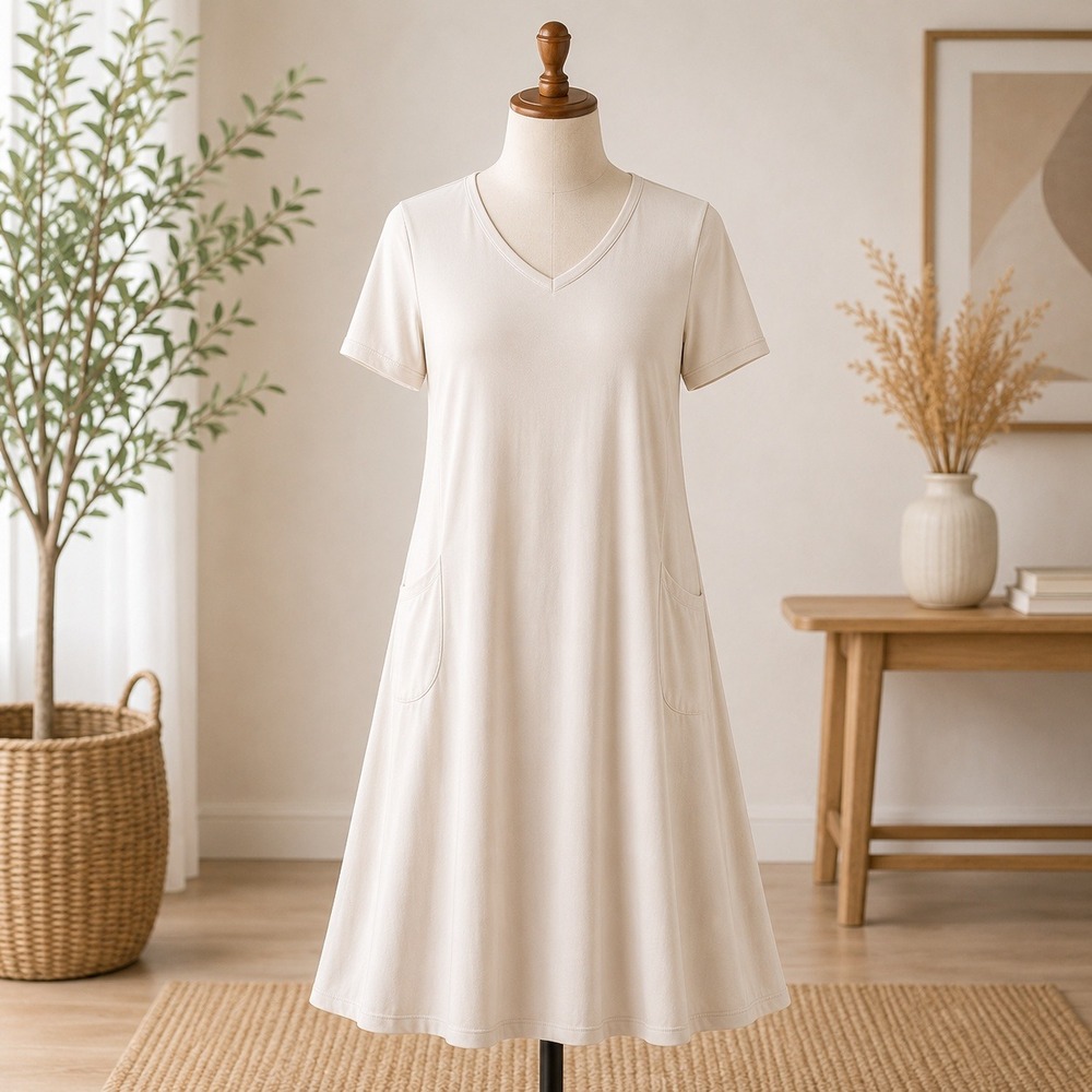 Belle by Kim Gravel Maxi Dress Womens L Tan V-Neck Short Sleeve Pockets 2876
